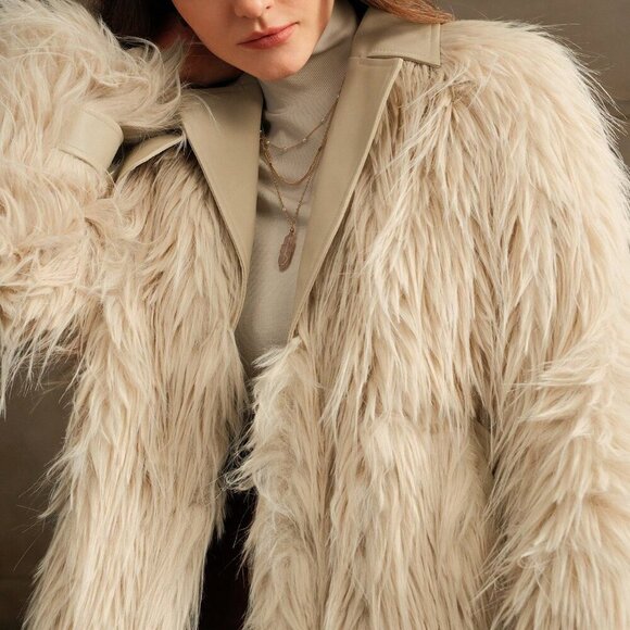 Beige Casual Women's Fluffy Short Fluffy Fuzzy Jacket - Picture 3 of 6